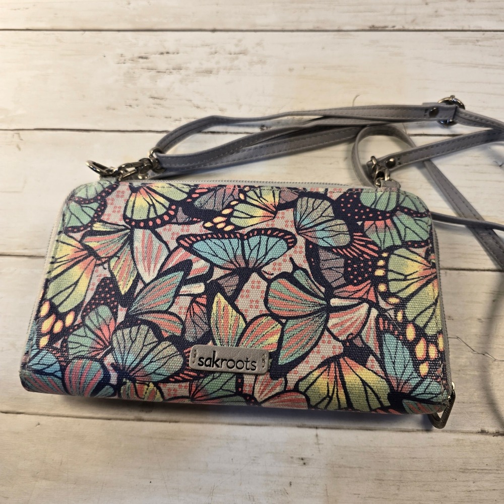 Sakroots Butterfly Print Crossbody Wallet Wristlet Bag Multi Color Canvas